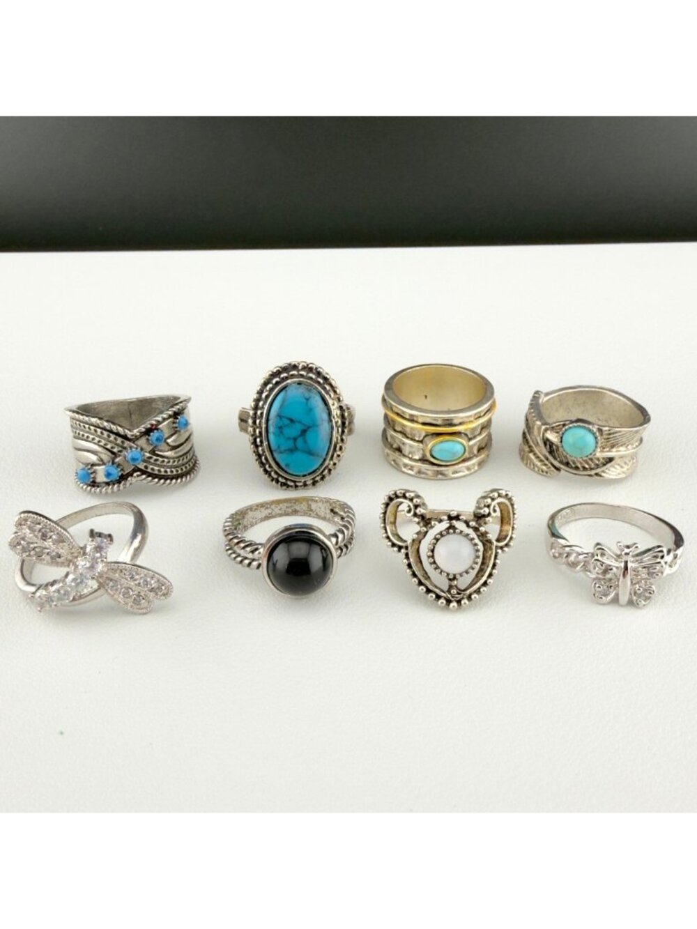 Vintage Boho Ring Lot Silver Tone Dragonfly Turquoise Blue Color Butterfly READ